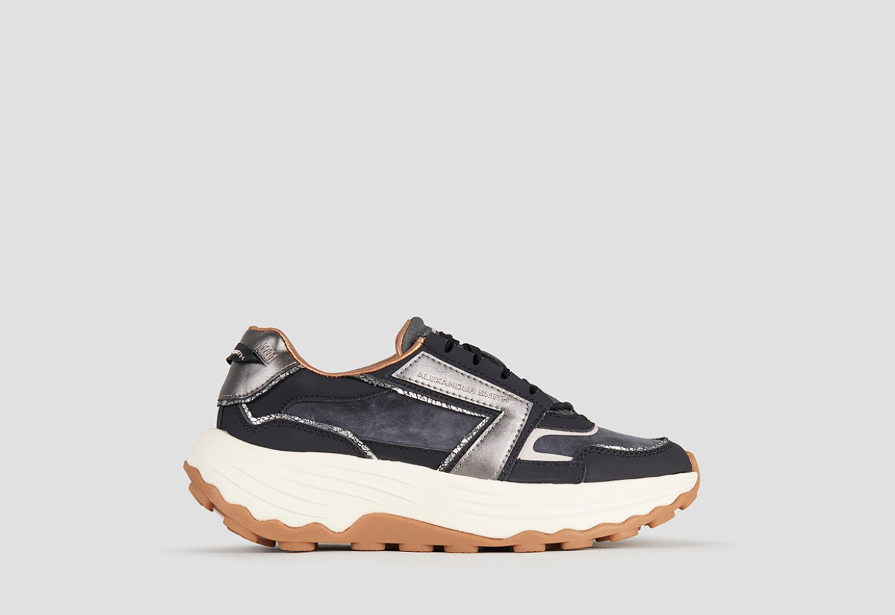 Sneakers Alexander Smith windsor donna in pelle e camoscio nero, e laminato argento - 1