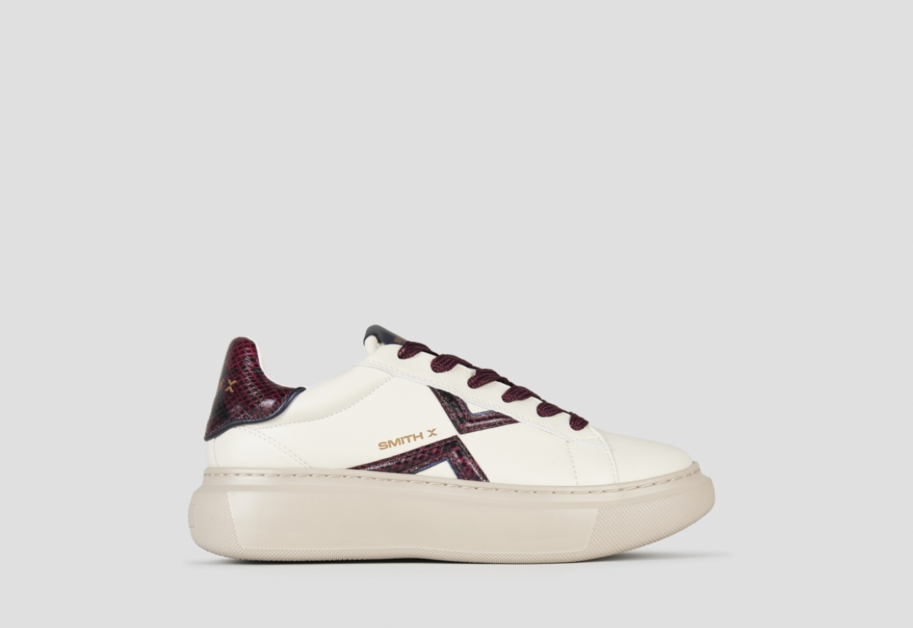 Sneakers Alexander Smith college donna in pelle bianca e dettagli in pitone bordeaux - 1